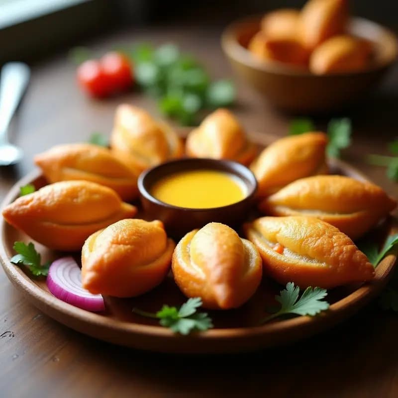 Plato blanco con coxinhas de frango doradas y crujientes, rellenas de pollo especiado, acompañadas de salsa de ají amarillo cremosa y decoradas con cilantro fresco. Receta de coxinha de frango con masa de yuca y salsa de ají amarillo.