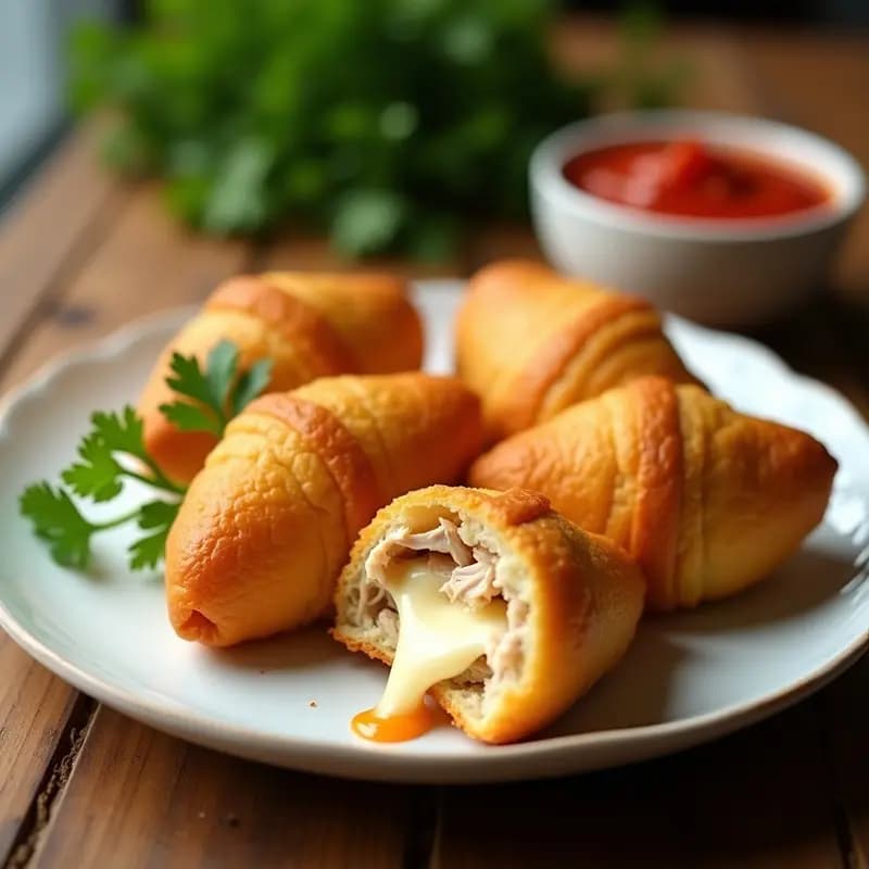 Plato blanco con coxinha de frango con yuca y catupiry doradas y crujientes, cortada por la mitad para mostrar el relleno de pollo desmenuzado y queso catupiry derretido, acompañadas de perejil fresco y salsa de tomate en un fondo rústico.
