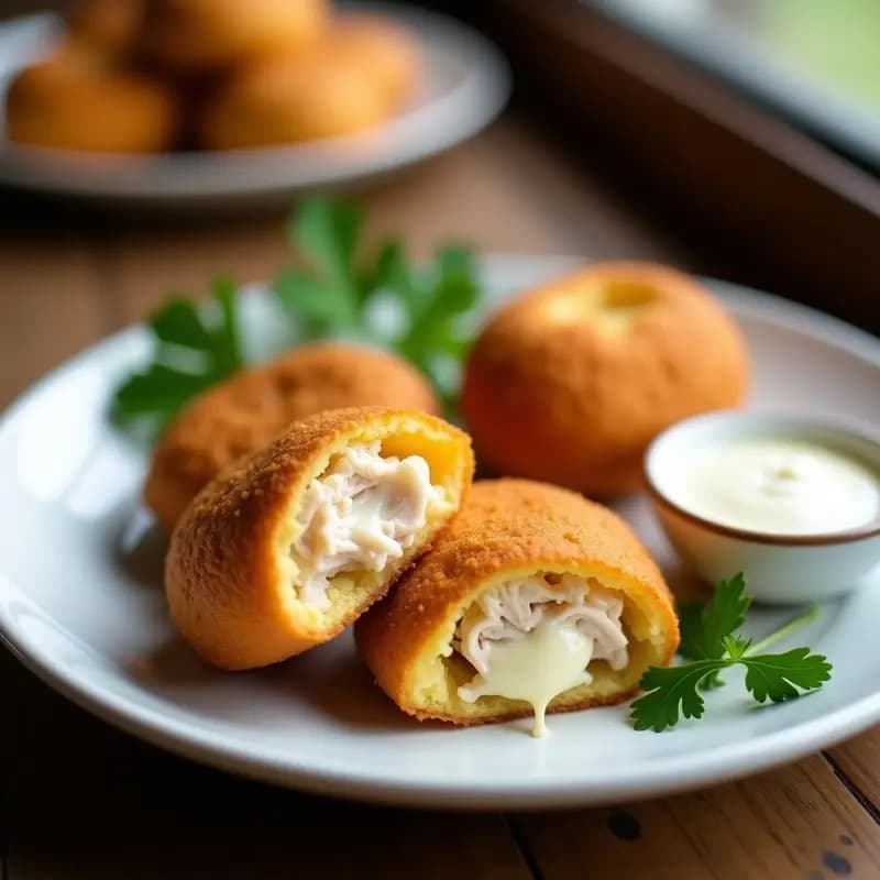 Coxinha de pollo y catupiry doradas y crujientes servidas en una bandeja de madera, con el interior cremoso visible en una cortada por la mitad. Acompañadas de una salsa blanca y decoradas con perejil fresco.
