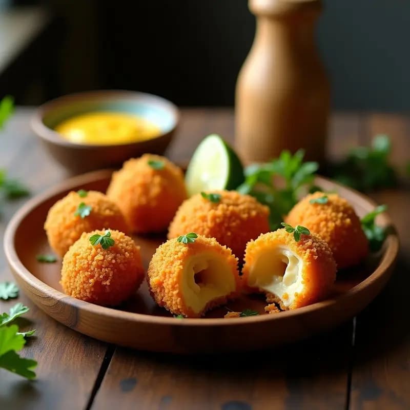 Coxinhas de frango veganas con jackfruit doradas y crujientes, servidas en un plato de madera con perejil fresco y salsa de ají al lado, receta brasileña en airfryer.
