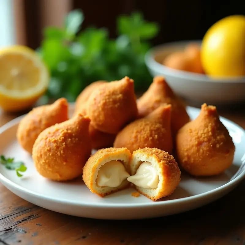 Bandeja de coxinhas de pollo con catupiry doradas en airfryer, forma de gota brasileña, rellenas de pollo y queso cremoso, con perejil fresco y limón al fondo.