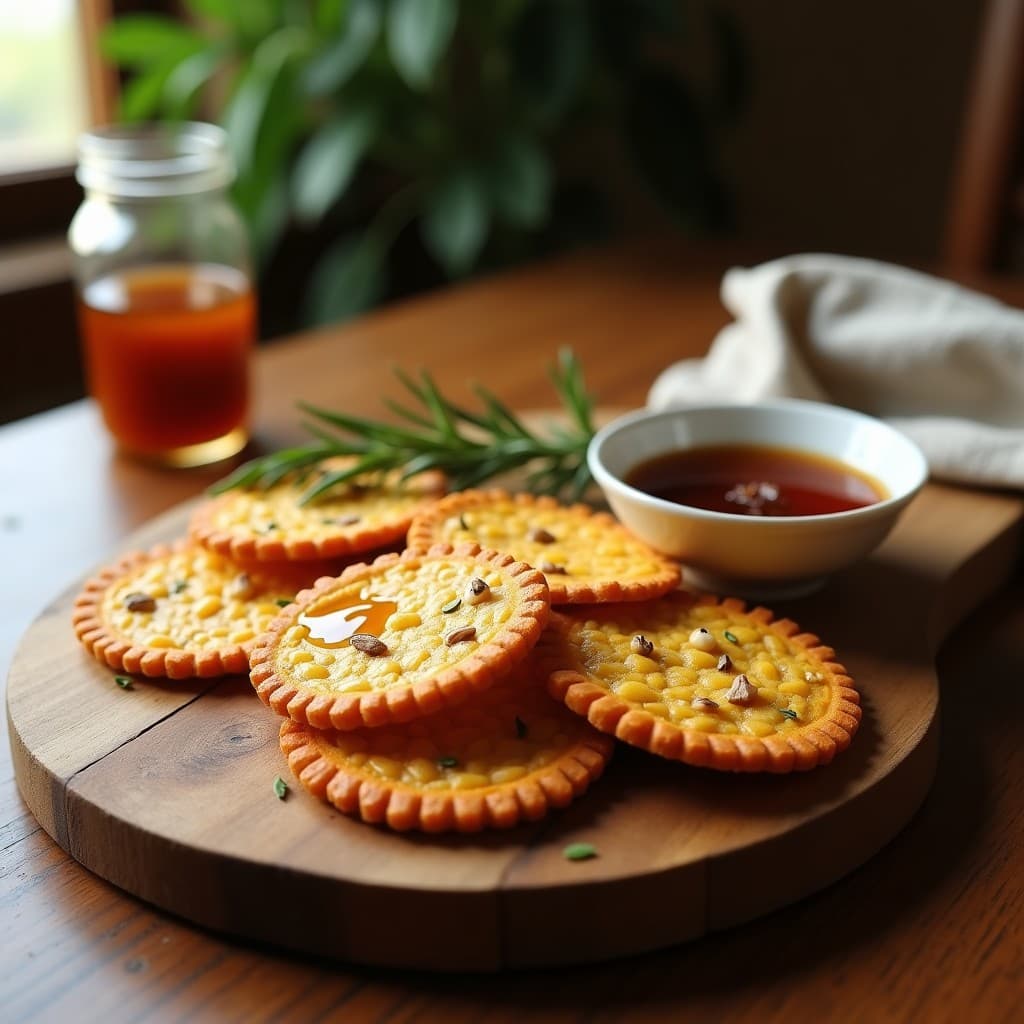 Crackers dorados y crujientes de semillas de calabaza con trocitos de romero, brillantes por el aceite de oliva, dispuestos en una tabla de madera rústica junto a un cuenco de sidra reducida y una rama de romero fresco.