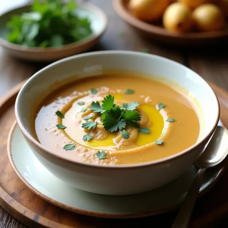Cuenco de cerámica blanca con crema espesa de ajo negro y patata, decorada con perejil fresco y un hilo de aceite de oliva virgen extra, receta airfryer.