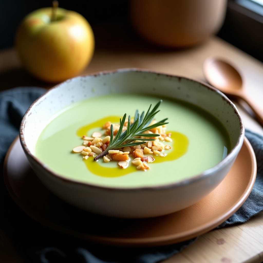 Crema de apio y manzana vegana en cuenco blanco con crujiente de almendras doradas, decorada con hierbas provenzales y hilo de aceite de oliva. Receta francesa en Thermomix, textura sedosa y color crema.