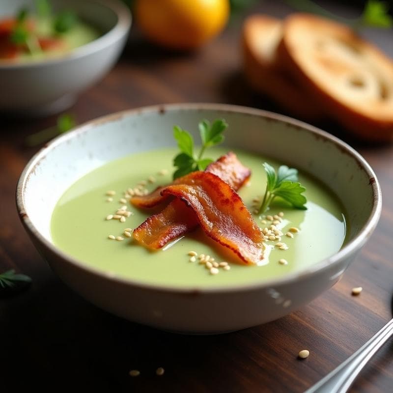 Cuenco hondo de cerámica blanca con crema de apio y manzana de color verde claro, coronada con tiras doradas de tocino de tempeh crujiente. Decoración con hojas de apio frescas y semillas de sésamo. Plato sobre fondo de madera rústica con pan integral tostado al lado.