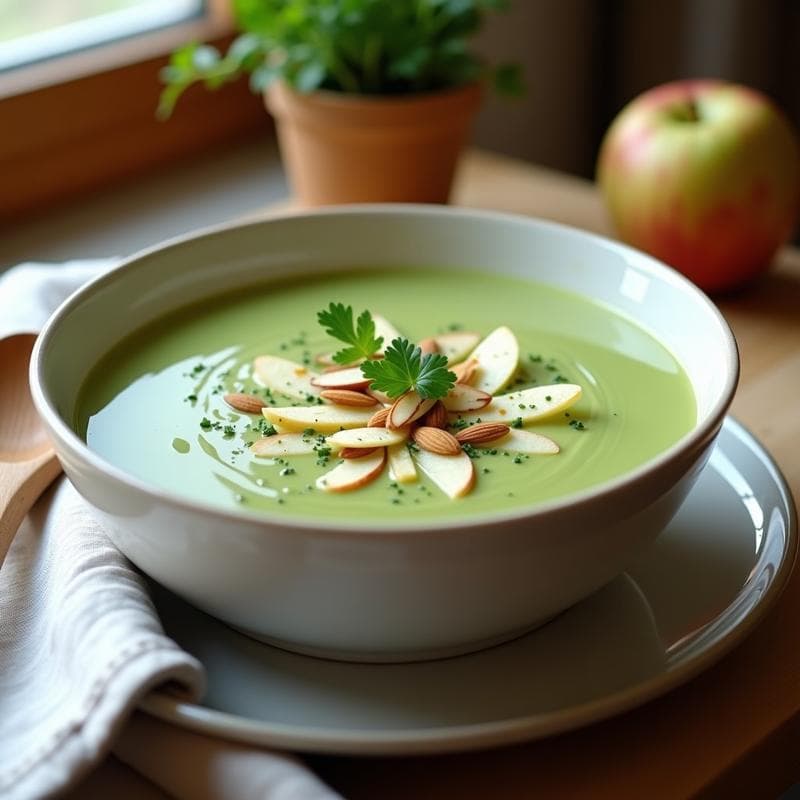 Crema de apio nabo y manzana verde en cuenco blanco rústico, decorada con perejil fresco, almendras fileteadas tostadas y rodajas finas de manzana verde. Fondo de madera clara con servilleta de lino y cuchara de madera. Receta alemana sin lactosa en Thermomix.