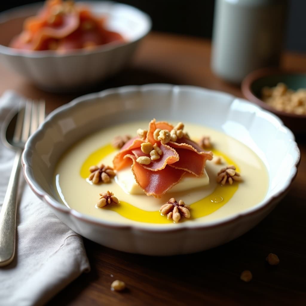 Cazuela de cerámica blanca con crema de apio nabo y nueces de color beige claro, decorada con láminas crujientes de prosciutto dorado, virutas de nuez tostada y un hilo de aceite de oliva virgen extra, sobre fondo rústico de madera con servilleta de lino.