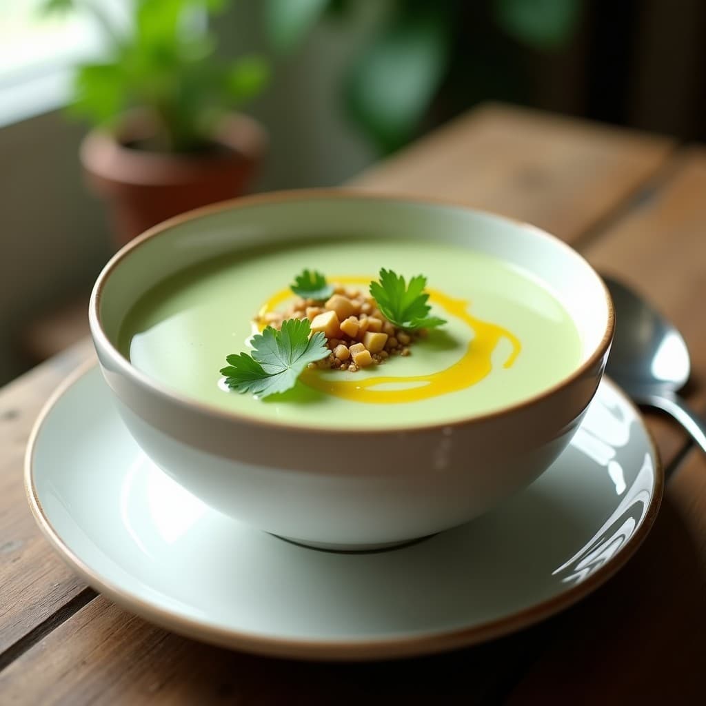 Tazón de cerámica blanca con crema de apionabo y ajoblanco vegana, decorada con hilo de aceite de oliva, hojas de cilantro fresco y cubitos de apionabo cocido. Fondo rústico con textura de madera y luz natural suave.