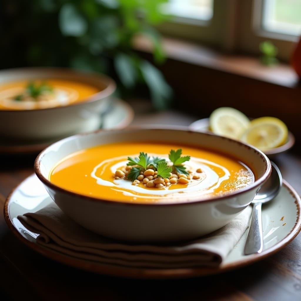 Cuenco de cerámica blanca con Crema de Auyama y Cacahuete Keto, sopa cremosa de color naranja intenso, decorada con cacahuetes tostados dorados y cilantro fresco picado. Plato típico venezolano bajo en carbohidratos con textura sedosa y topping crujiente.