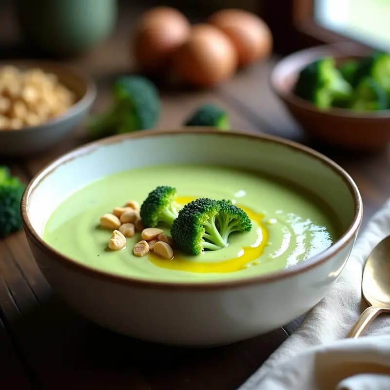 Cuenco blanco de cerámica con crema de brócoli y queso de anacardos keto, de color verde intenso y textura sedosa, decorada con ramilletes de brócoli al vapor, un hilo de aceite de oliva virgen extra y anacardos tostados picados. Plato típico francés bajo en carbohidratos, servido sobre una mesa rústica de madera con un fondo desenfocado.