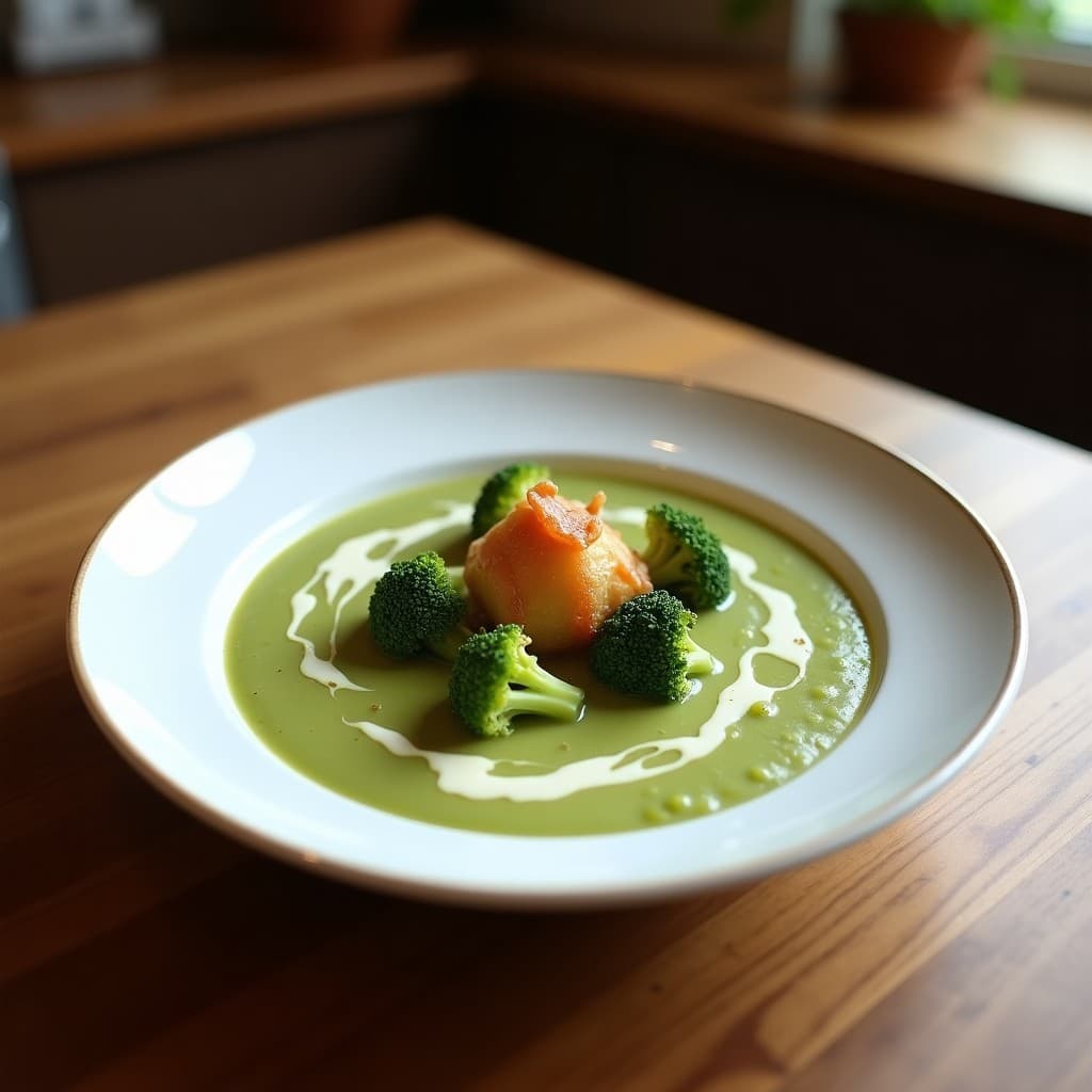 Cuenco de cerámica blanca con crema de brócoli espesa y aterciopelada, coronada con trocitos dorados de jamón vegano crujiente y nueces tostadas picadas. Fondo rústico de madera con un hilo de aceite de oliva virgen extra brillante.