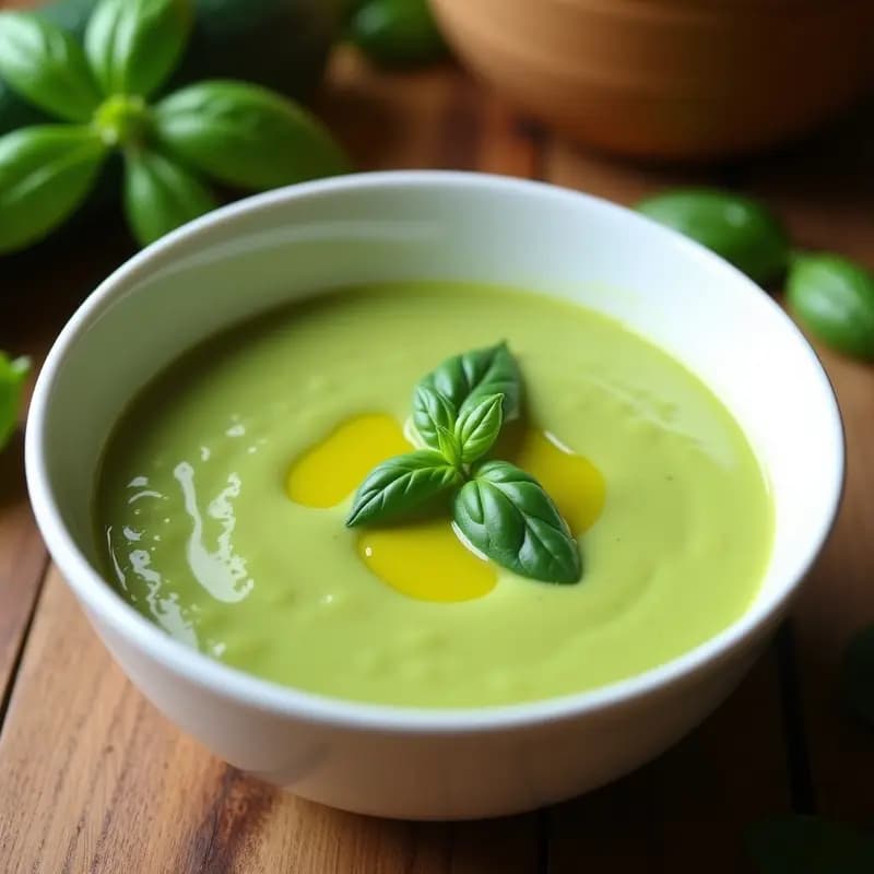 Cuenco blanco con crema de calabacín y albahaca de color verde vibrante, decorada con hojas de albahaca fresca y un hilo de aceite de oliva, servida sobre una mesa de madera rústica.