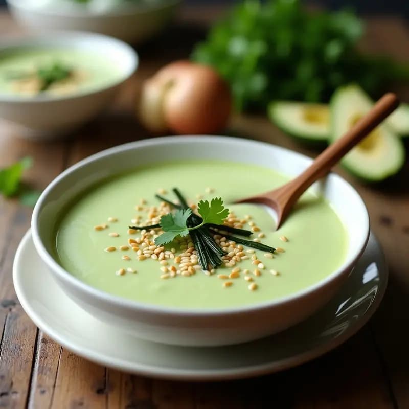 Cuenco de cerámica blanca con crema de calabacate suave de color verde claro, decorada con semillas de sésamo tostadas y tiras de algas nori, servida con una cuchara de madera.