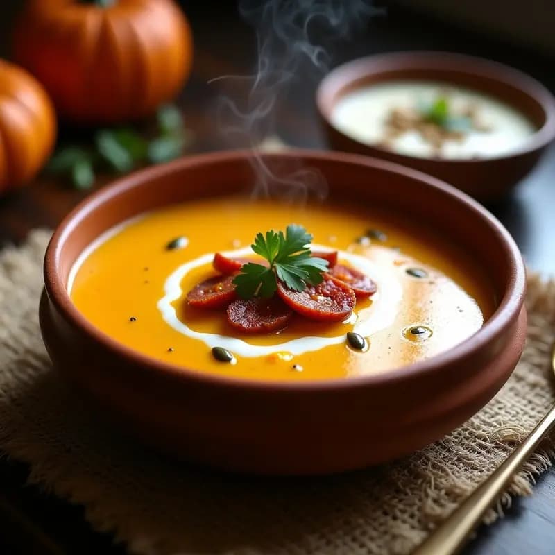 Cuenco de barro humeante con crema de calabacate suave y dorada, coronada con rodajas de chorizo ahumado y cilantro fresco. Plato tradicional mexicano reconfortante.