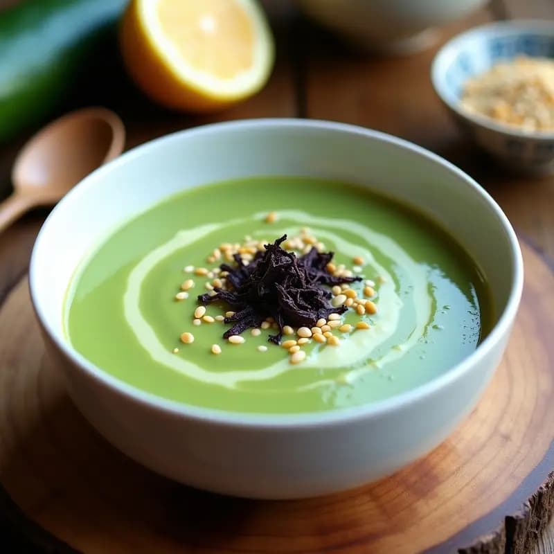 Cuenco blanco con crema de calabacín verde esmeralda, espolvoreada con algas nori oscuras y semillas de sésamo tostado dorado, sobre fondo de madera rústica. Receta de crema de calabacín con algas nori vegana.