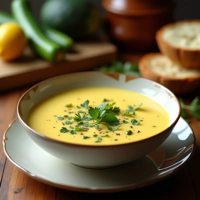 Cuenco blanco con crema de calabacín y coco de color verde suave, decorada con cilantro fresco y un hilo de leche de coco, acompañada de semillas de sésamo tostadas y una cucharada de pasta de curry rojo al lado.