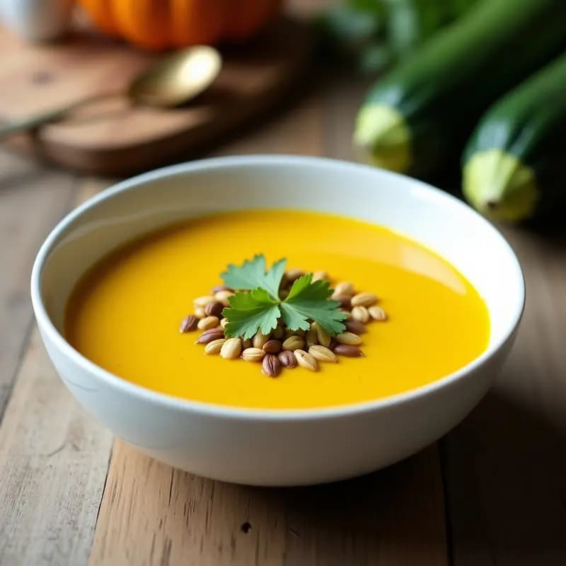 Cuenco blanco con crema de calabacín y cúrcuma de color dorado, decorada con semillas de calabaza y hojas de cilantro fresco, sobre fondo de madera rústica.