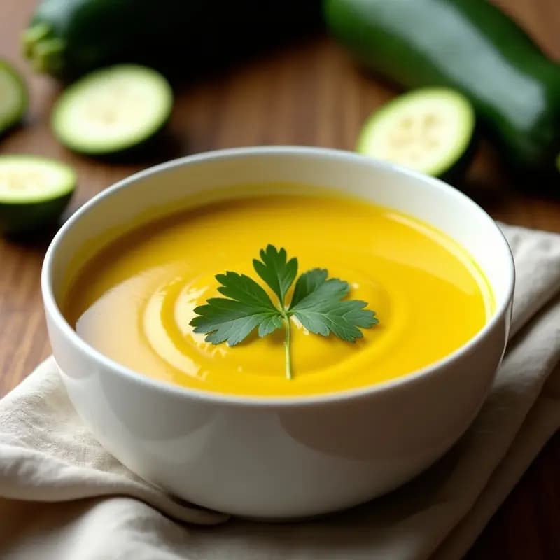 Cuenco blanco con crema de calabacín y cúrcuma de color dorado, decorada con cilantro fresco y un hilo de aceite de oliva, sobre fondo de madera rústica. Receta olla lenta antiinflamatoria.