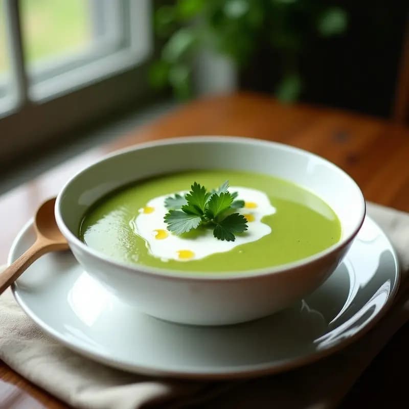 Cuenco blanco con crema de calabacín y jengibre en Thermomix, textura sedosa, decorada con yogur griego y cilantro fresco sobre fondo rústico de madera.