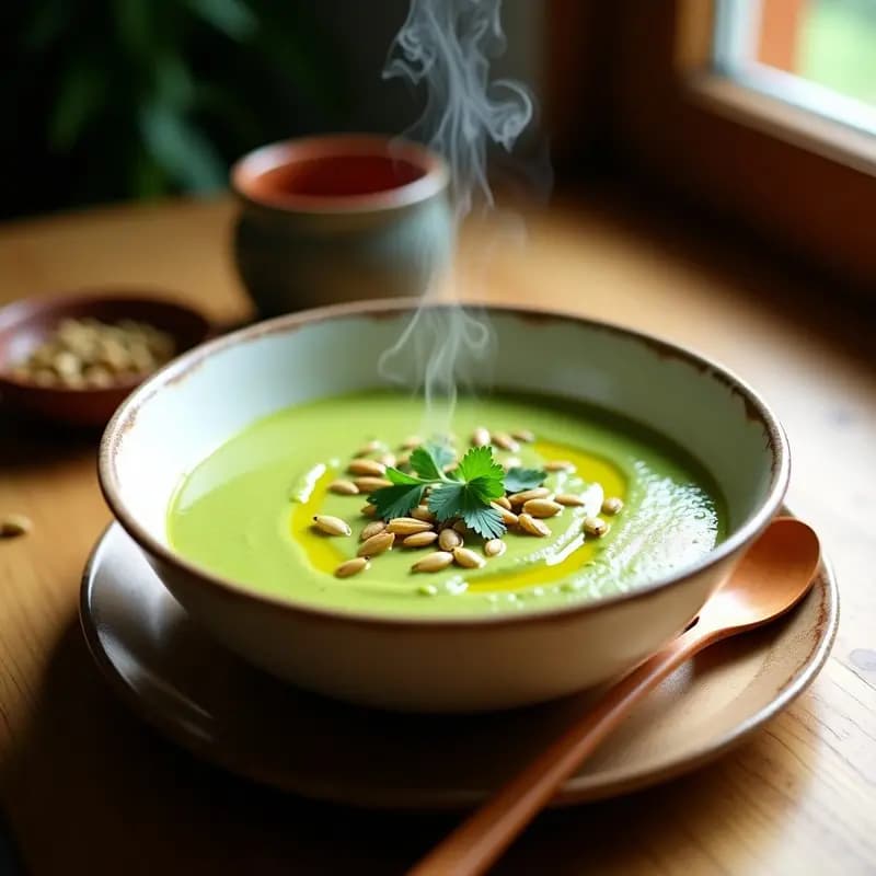 Cuenco de cerámica blanca con crema de calabacita y chipotle vegana, decorada con cilantro fresco y semillas de calabaza, sobre fondo de madera rústica.