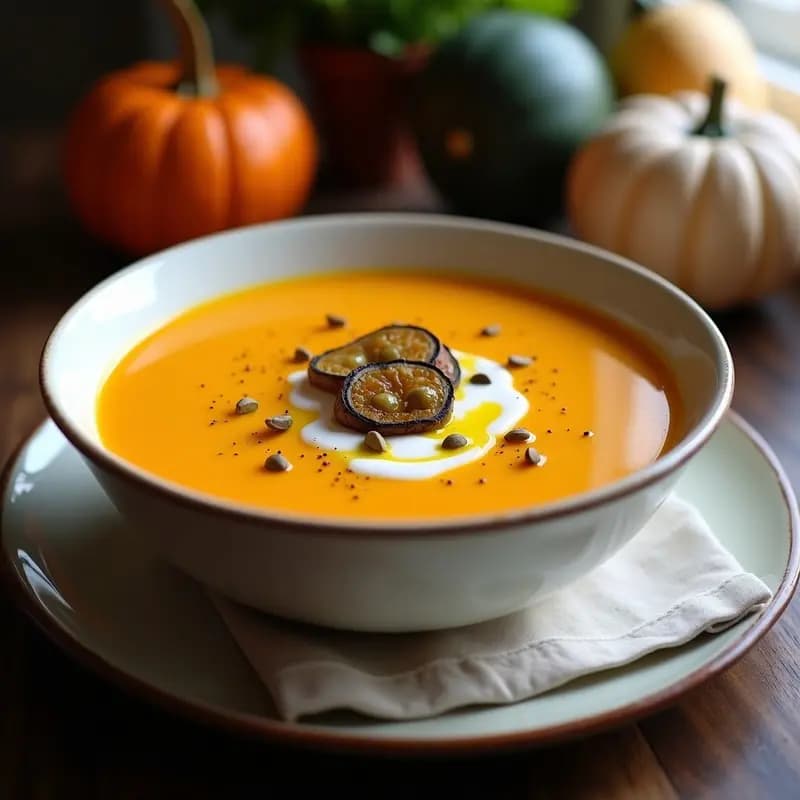 Cuenco blanco con crema de calabaza y ajo negro en Airfryer, textura sedosa y color anaranjado intenso, decorada con láminas de ajo negro y un hilo de aceite de oliva virgen extra.