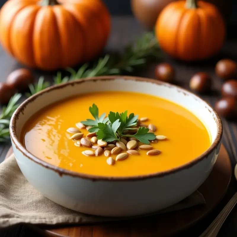 Bowl de cerámica blanca con crema de calabaza y castaña vegana, decorada con perejil fresco y semillas de calabaza tostadas, sobre fondo de madera rústica.