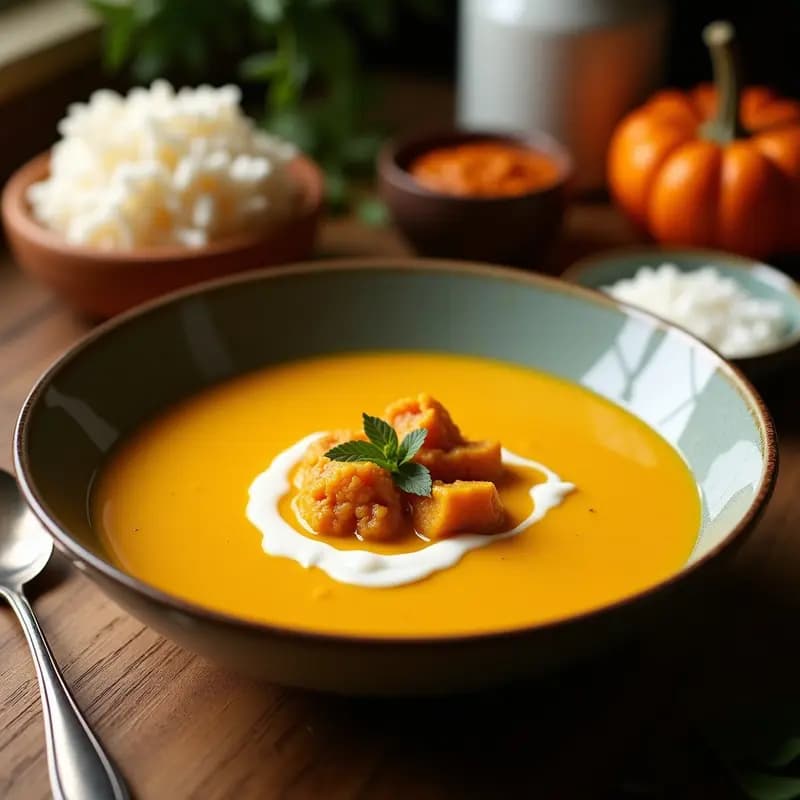 Cazo de barro con crema de calabaza, coco y curry, espolvoreada con cilantro fresco y un hilo de leche de coco, sobre fondo rústico de madera.