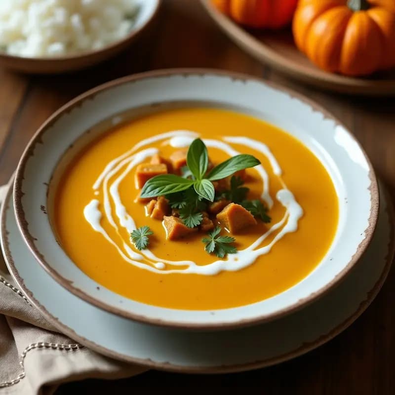 Cuenco blanco con crema de calabaza suave y dorada, decorada con hojas de cilantro fresco y un hilo de aceite de oliva, sobre fondo de madera rústica. Receta express de crema de calabaza con coco y curry.