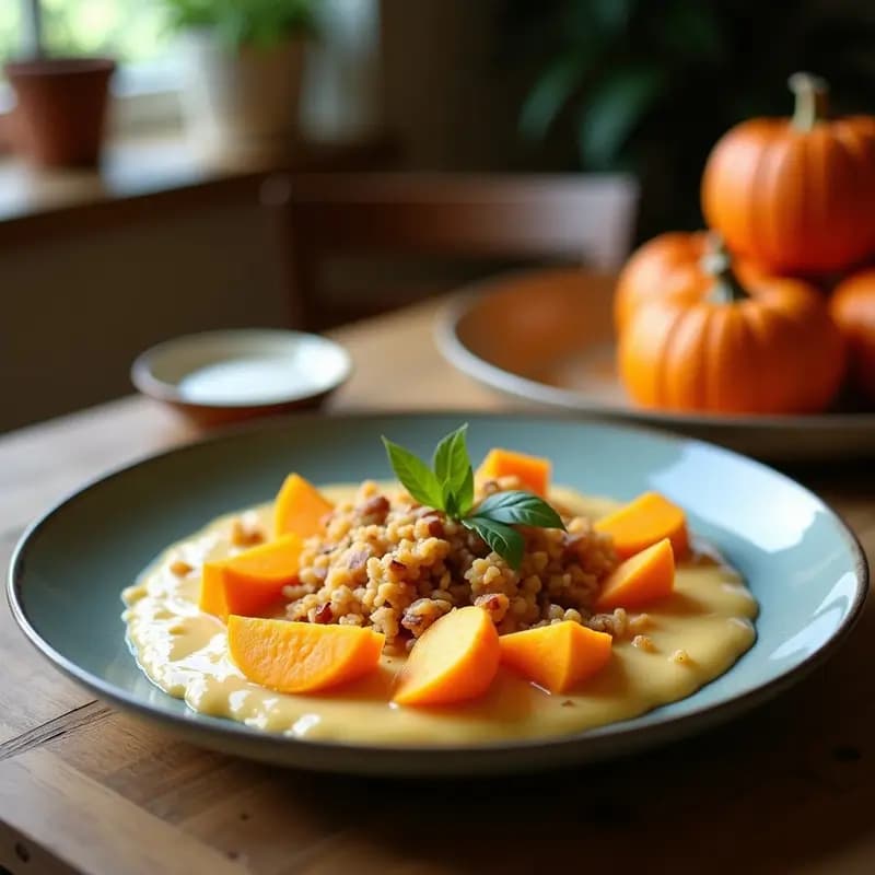 Cuenco de cerámica blanca con crema de calabaza y coco espumosa, decorada con cilantro fresco y semillas de calabaza tostadas, servida sobre una mesa de madera rústica con una cuchara de madera.