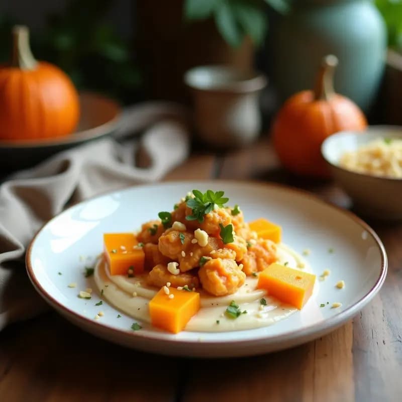 Cuenco hondo de cerámica negra con crema de calabaza y coco de color naranja intenso, decorada con cilantro fresco, nueces de cajú tostadas y un hilo de aceite de coco, sobre fondo rústico de madera con especias tailandesas al lado.