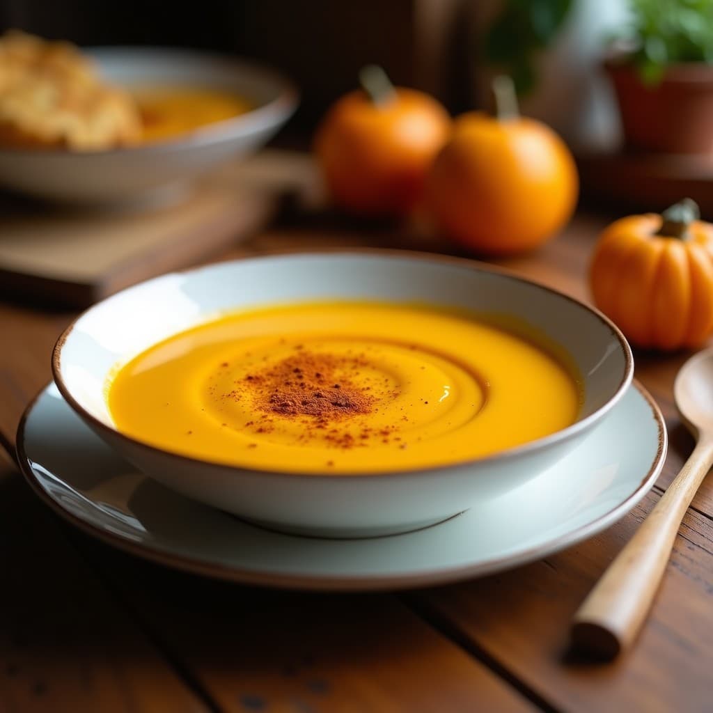 Bol hondo blanco con crema de calabaza al curry, decorada con un hilo de aceite de oliva y una pizca de curry en polvo. Fondo rústico con cuchara de madera.
