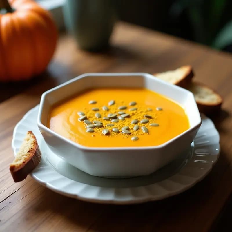 Cuenco de cerámica blanca con crema de calabaza al curry, espolvoreada con curry en polvo y decorada con semillas de calabaza tostadas. Fondo rústico con pan de centeno.