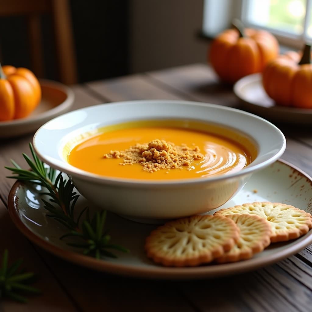 Bol de cerámica blanca con crema de calabaza vegana espesa, decorada con migas de galleta María y un hilo de aceite de oliva virgen extra, sobre fondo rústico de madera.