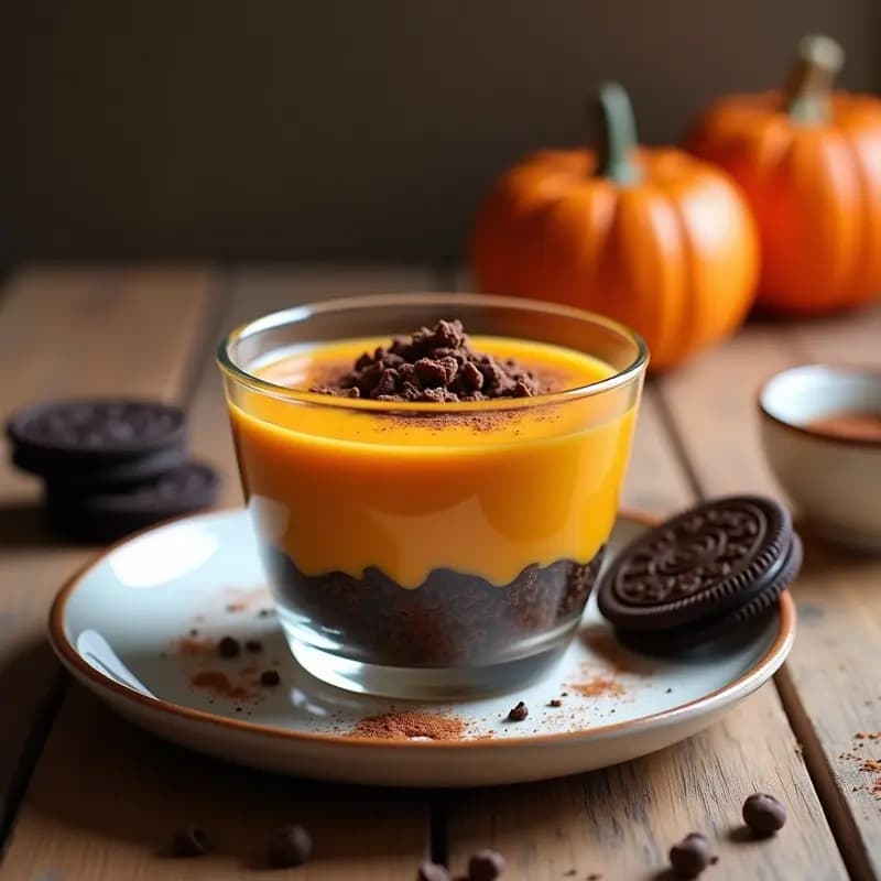 Copa de cristal transparente con crema de calabaza naranja, base de galleta Oreo triturada y virutas de chocolate negro, postre sin horno.