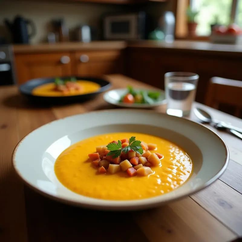 Cuenco de cerámica negra con crema de calabaza al estilo Jaengban Gui, decorada con semillas de sésamo tostadas y un hilo de aceite de sésamo, sobre fondo rústico de madera.