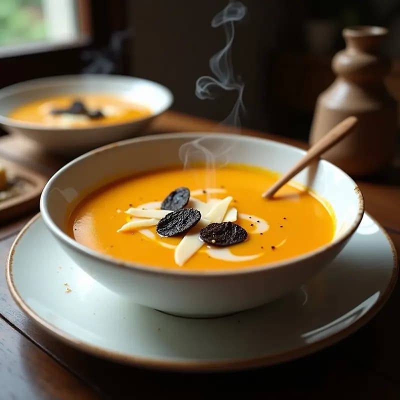 Cuenco blanco de cerámica con crema de calabaza humeante, decorada con láminas de trufa negra, un hilo de aceite de trufa y virutas de parmesano, sobre fondo de mesa de madera oscura con una cuchara de madera.