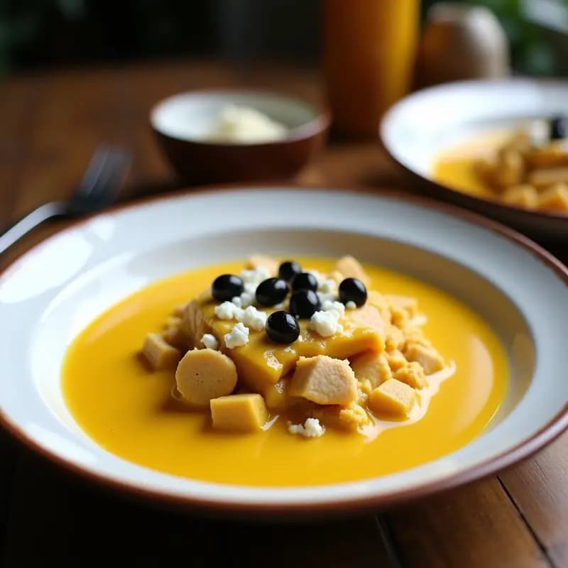 Plato hondo de cerámica blanca con crema calentita peruana, salsa amarilla cremosa sobre una base de galletas trituradas, decorada con queso fresco y aceitunas negras.