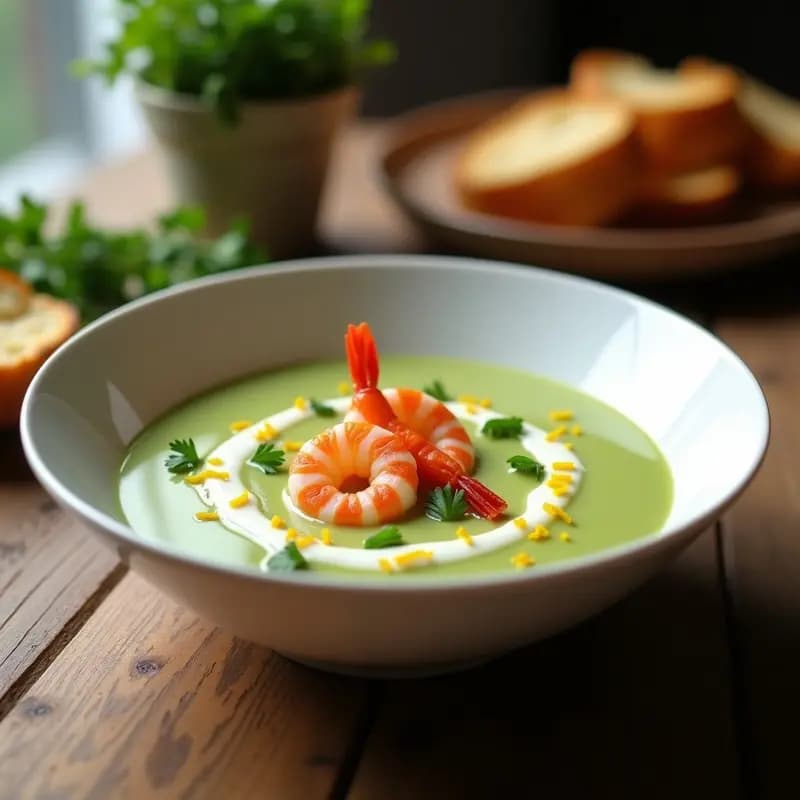 Cuenco blanco con crema de calibre y gamba roja, decorado con gambas rojas enteras, perejil fresco y ralladura de limón, sobre fondo de madera rústica.