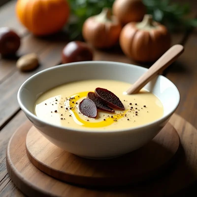 Crema de castañas trufada servida en un bol blanco con cuchara de madera, decorada con láminas de trufa negra y aceite de oliva, fondo rústico de madera.