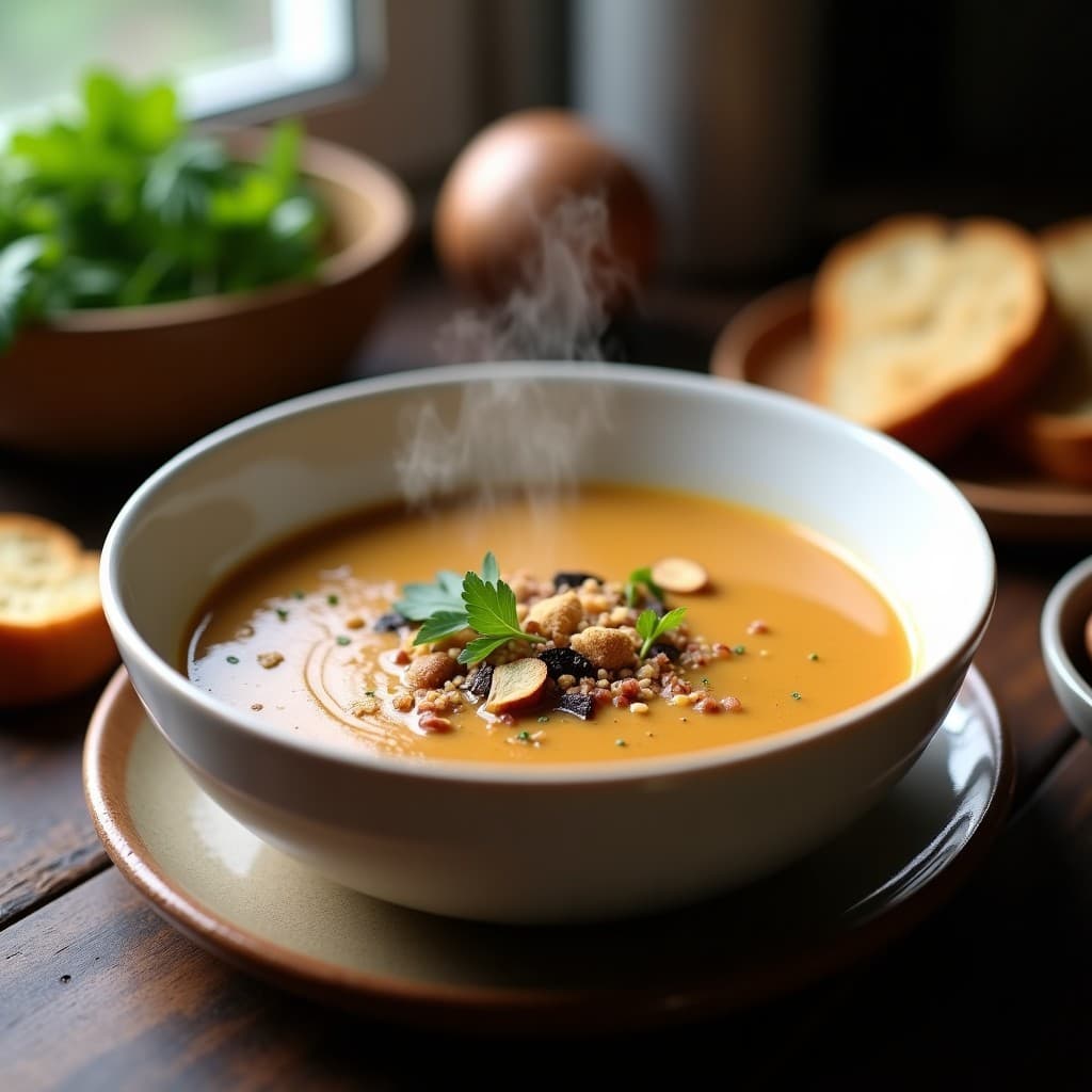 Cuenco de cerámica blanca con crema de castañas y champiñones portobello vegana, decorada con perejil fresco y láminas de portobello crujientes, sobre mesa de madera rústica con pan sin gluten al lado.