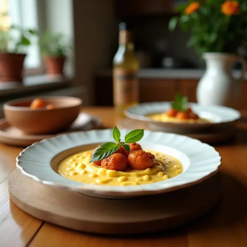 Cuenco hondo de barro con crema de castañas dorada y espesa, coronada con rodajas de chorizo fresco y un hilo de aceite de oliva virgen extra. Al fondo, pan tostado y una cuchara de madera. Ambiente otoñal con tonos cálidos.