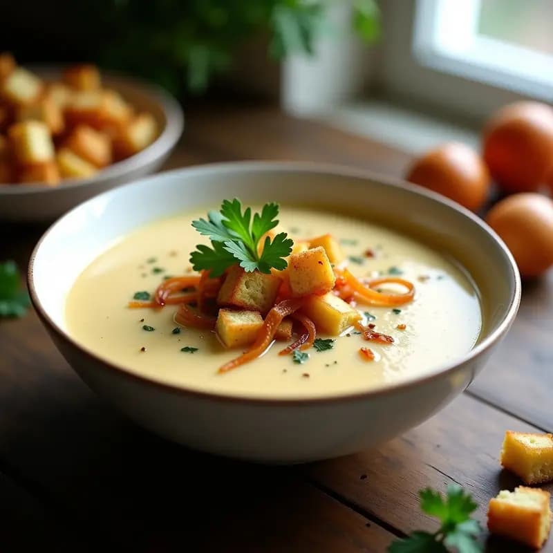 Cuenco de cerámica blanca con crema de cebolla vegana espesa, decorada con croutons dorados, perejil fresco y hebras de cebolla caramelizada sobre fondo rústico de madera.