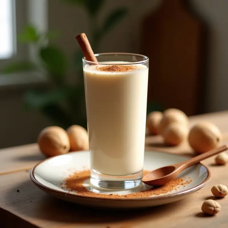 Vaso alto de cristal con crema de chufa espesa y cremosa, espolvoreada con canela en polvo y decorada con una rama de canela. Fondo de madera rústica con chufas enteras y una cuchara de madera. Bebida española vegana y sin lactosa.