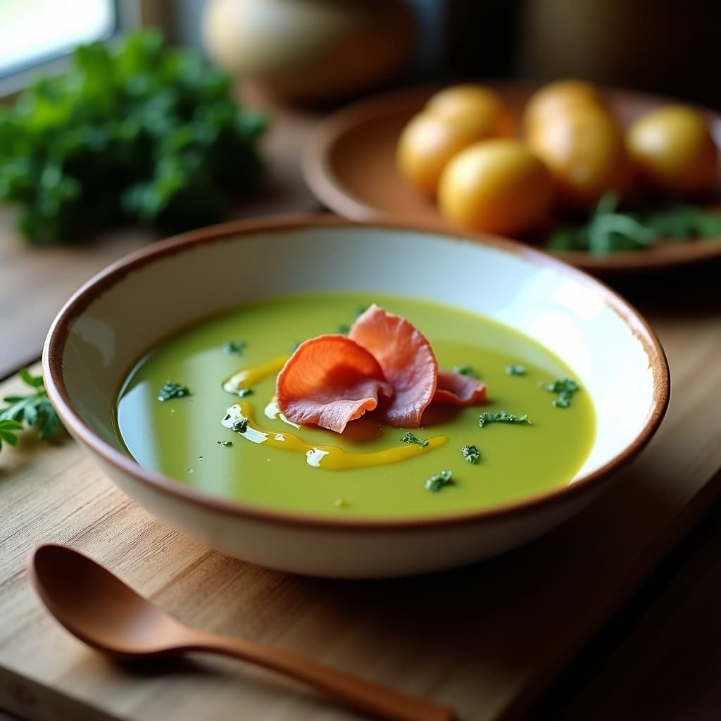 Cuenco hondo de cerámica blanca con crema de col rizada y patata de color verde intenso, decorada con virutas de jamón serrano y un hilo de aceite de oliva. Plato reconfortante español preparado en Thermomix.