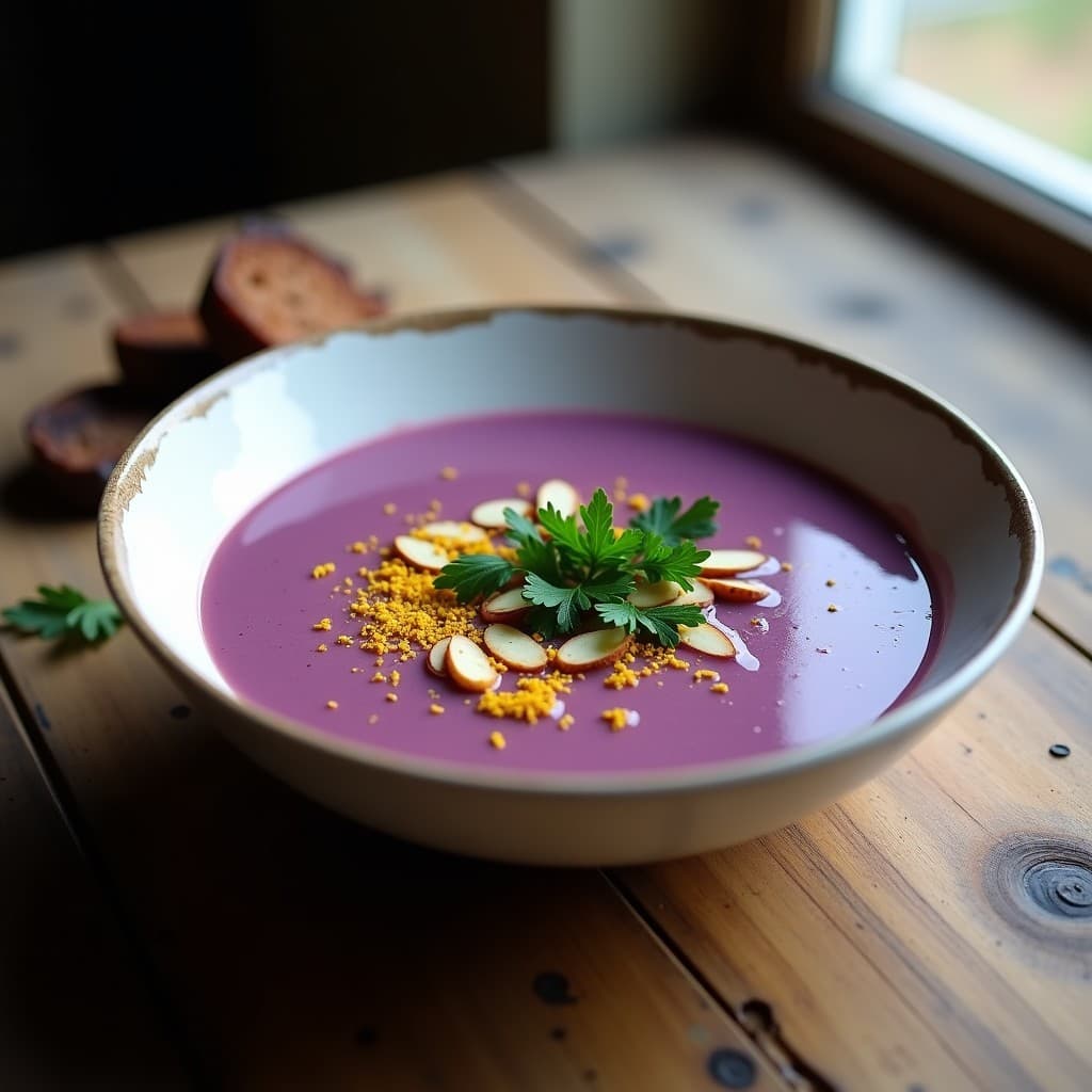 Cuenco hondo de cerámica blanca con crema de coliflor morada y azafrán, color vibrante lila oscuro, decorada con perejil fresco y almendras fileteadas tostadas. Fondo rústico con pan de centeno tostado y hebras de azafrán esparcidas. Receta española antiinflamatoria en Thermomix.