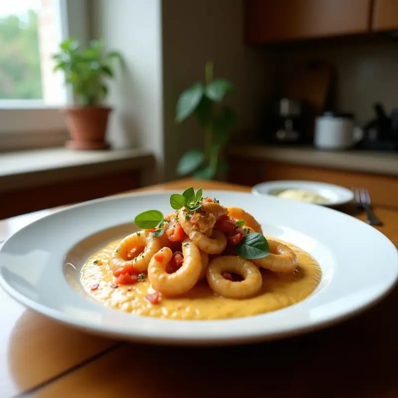 Cazuela de barro negra con crema de calamares espesa y brillante, coronada con un hilo de aceite de oliva y una cucharada de aioli de ajo negro. Decorada con perejil fresco y servida con pan tostado.