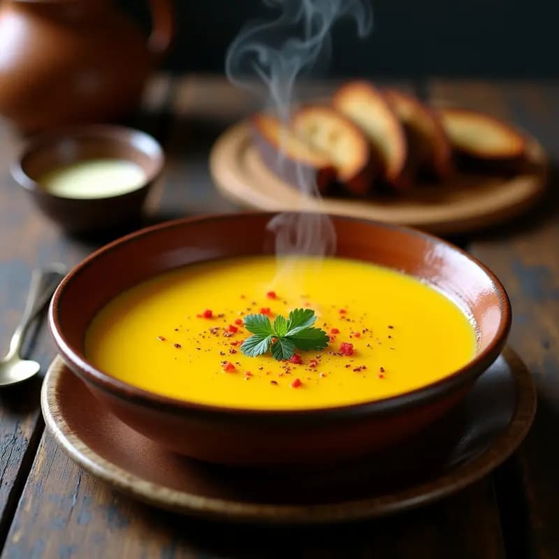 Cuenco de barro con crema de cálanes y azafrán de color dorado, espolvoreada con perejil fresco y acompañada de tostadas de pan de centeno crujientes, receta andaluza tradicional.