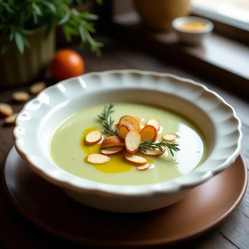 Cuenco de barro blanco con crema de cardo espesa y brillante, decorada con almendras tostadas doradas y un hilo de aceite de oliva virgen extra sobre fondo rústico de madera.