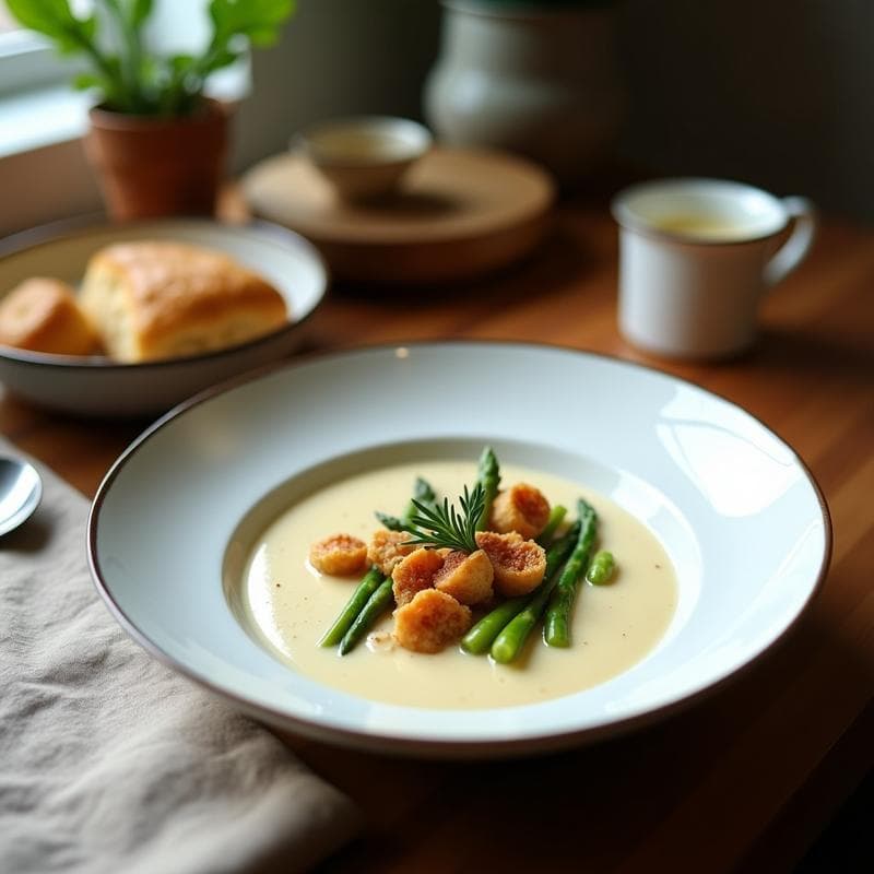 Cuenco blanco de cerámica con crema de espárragos blancos y almendras de color beige claro, decorada con láminas doradas de tocino de tempeh crujiente y puntas de espárrago verde. Hilo de aceite de oliva virgen extra y pimentón espolvoreado por encima. Fondo de mesa de madera rústica con servilleta de lino.