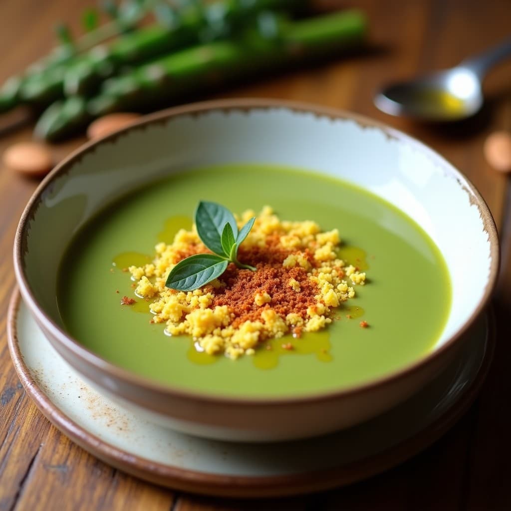 Plato hondo blanco con crema de espárragos verdi y azafrán, de color verde intenso con toques dorados, coronada por un crumble crujiente de almendras tostadas y decorada con hebras de azafrán y un hilo de aceite de oliva virgen extra.